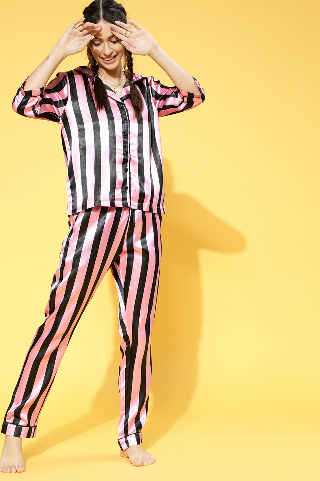 Clovia Sassy Stripes Button Down Shirt & Pyjama Set In Light Pink - Viscose Satin